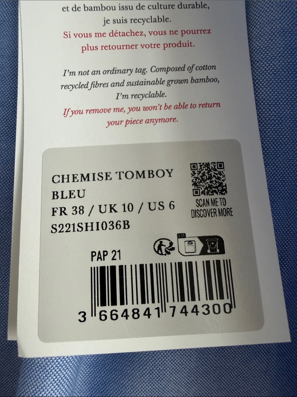 Sezane Tomboy Shirt Blue - Size 6 NWT - Picture 4 of 5